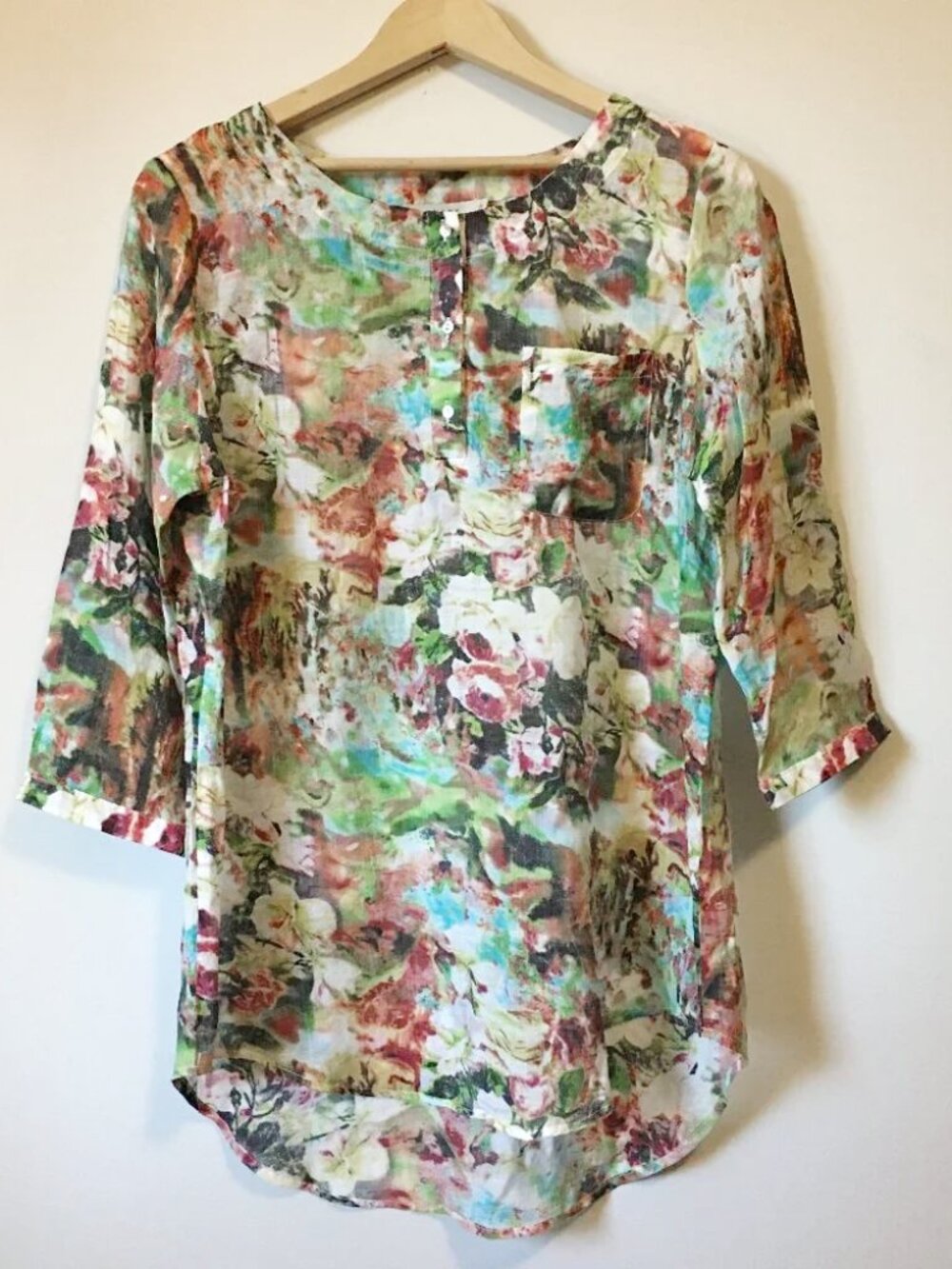 Anany Semi Sheer Floral Print Tunic Blouse L
